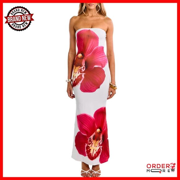Strapless Bodycon Maxi Dress Floral Print Summer Party Wedding Guest
